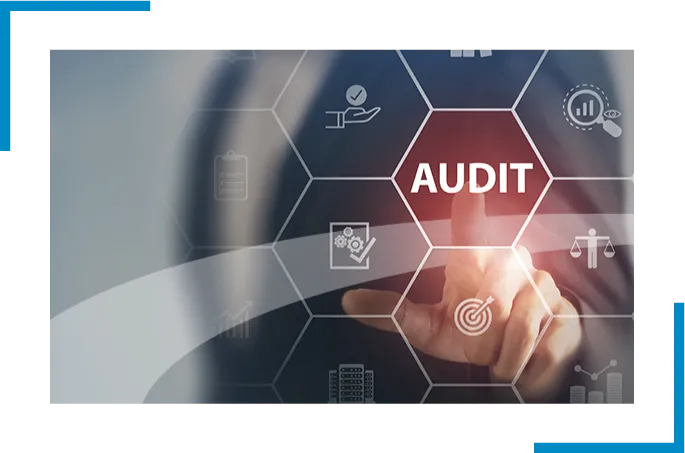 Illustration representing red team audit services, featuring security icons, checklists, and strategic analysis visuals