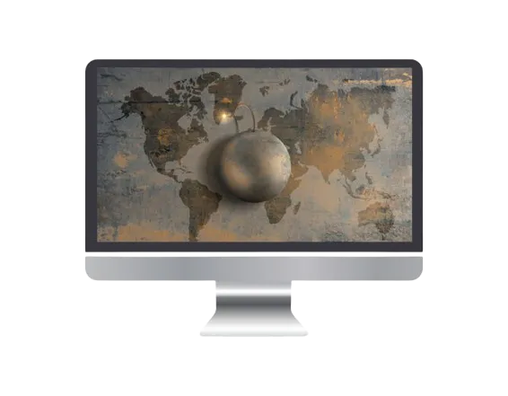 Illustration of a bomb overlaid on a world map, symbolizing global terrorism threats and international security risks.